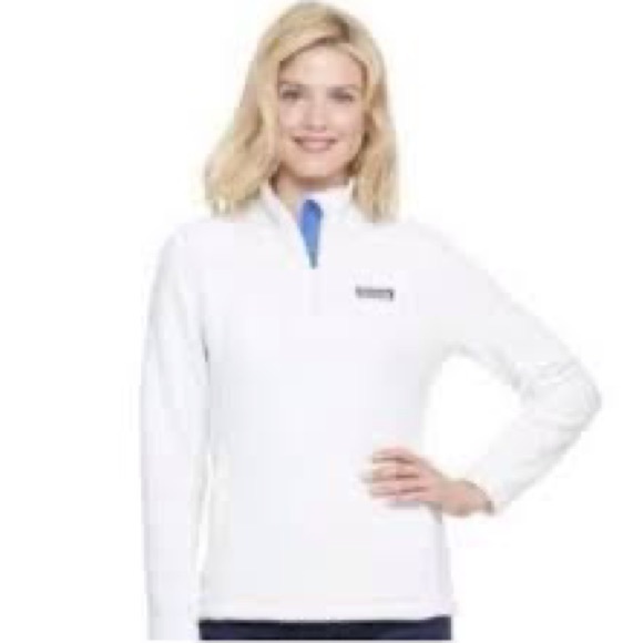 Vineyard Vines Sweaters - Vineyard Vines Women’s 1/4 Zip Fleece Pullover Winter White Blue Cornflower Trim